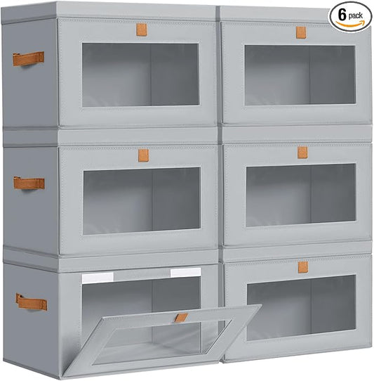 DIMJ Storage Bins with Lids - 6 Pack Large Fabric Closet Organizer with Window & Handles, Collapsible Decorative Storage Boxes for Shelves Under Bed, Books Clothes Blankets Sweaters Organization