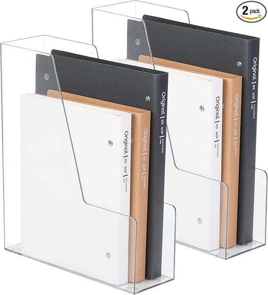 CiWiVOKi Vertical File Holder, PET Desk Organizer, Multi-purpose Plastic Document Storage Bins for Magazines, Binders, Notebooks, Envelopes, 2 Pack