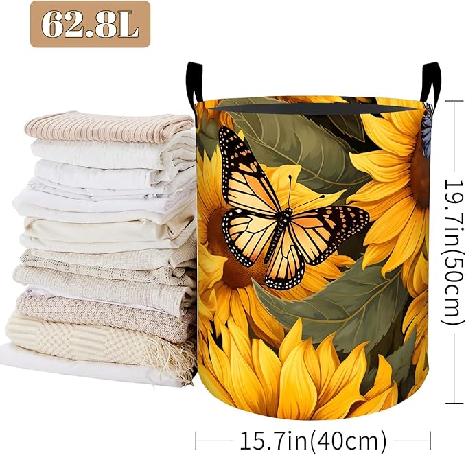 Sunflower Colorful Butterfly Laundry Basket, Foldable Oxford Cloth, Waterproof Dirty Clothes Hamper with Handles, Clothing Storage Bucket Toy Organizer for Bathroom Bedroom Dorm, 19.7"x15.7"