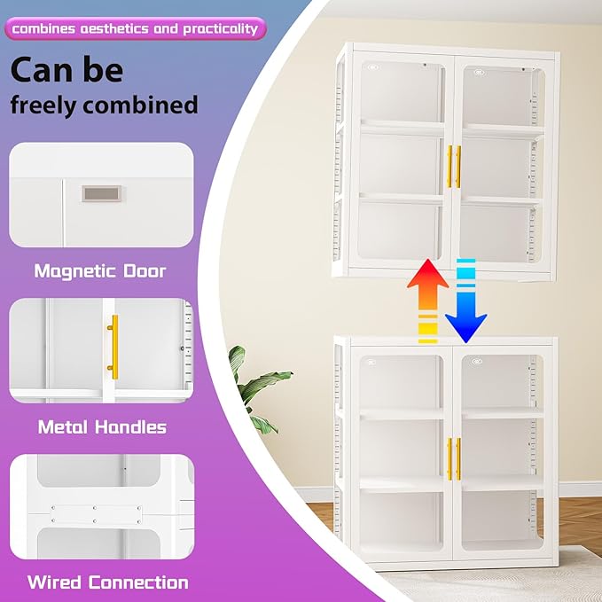 PAOFIN 34" Display Cabinet with Glass Doors, Curio Cabinet with Many Color Lights for Collectibles, Glass Display Case, Bookcase with 2 Shelves, Storage Cabinets, Assembly Required White