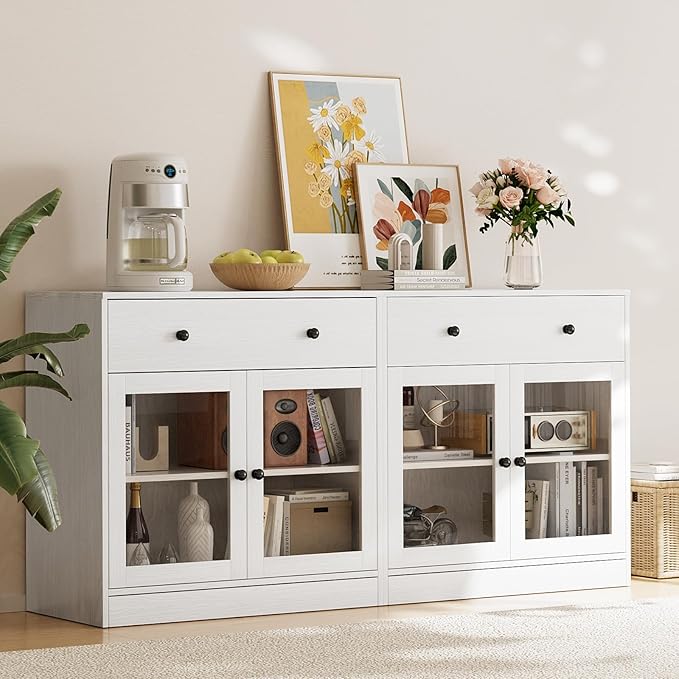 TUSY 71" TV Stand Storage Set - 2 Tall Bookcases & 2 Side Cabinets, Media Console with Glass & Wood Doors, Entertainment Center with Drawers, Tall Media Console for Living Room (White, AFFA)