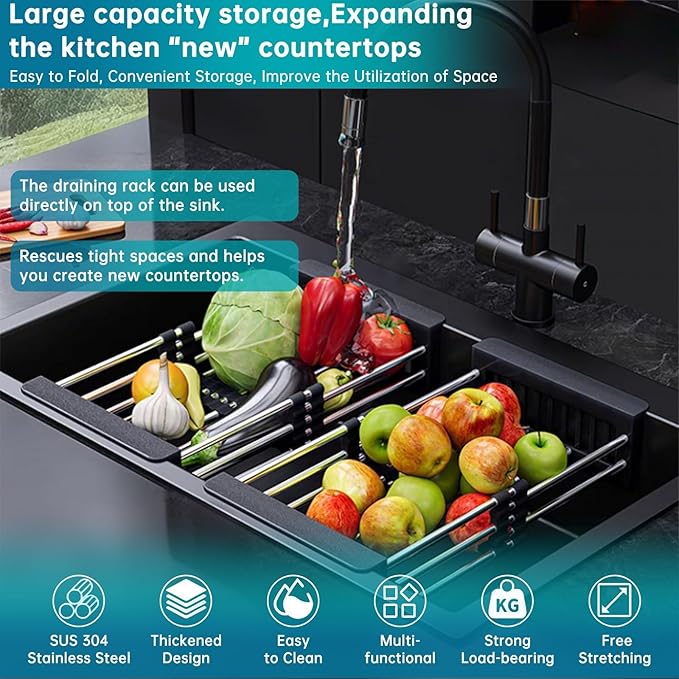 TUTEW Dish Drying Rack, Stainless Steel Dish Drainer with Adjustable Arms Holder Functional Kitchen Sink Organizer for Vegetable and Fruit, Black Large