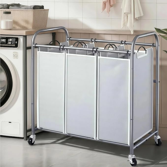 ROMOON Laundry Sorter Hamper 3 Section, Divided Laundry Basket Organizer with Heavy Duty Lockable Wheels and Removable Bags, Rolling Clothes Hamper for Apartment, Dorm & Family (130L Neutral Gray)
