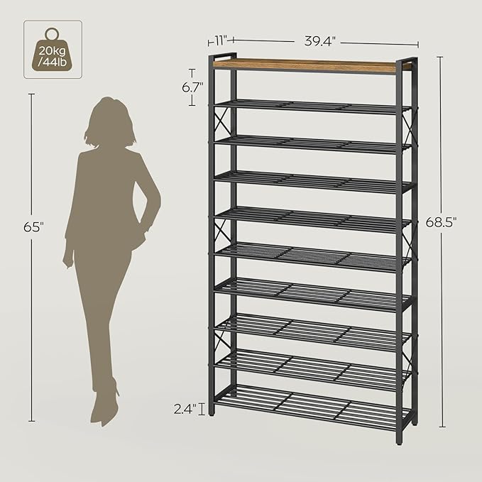 YATINEY 10-Tier Shoe Rack, 39.4" L Shoe Shelf for 45-50 Pairs of Shoes, Tall Shoe Storage Organizer with Metal Frame, Large Capacity Shoes Rack for Entryway, Closet, Rustic Brown and Black SS39BR