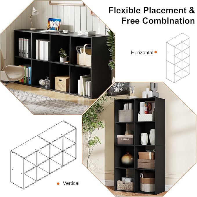Sweetcrispy 8 Cube Storage Organizer - Open Cube Bookshelf with 4 Removable Back Panels, Display Storage Bookcase for Living Room, Bedroom, Entrance Hall, Home Office，47.7" L×11.6" W×24" H, Black