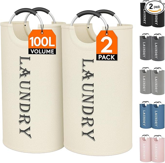 Lifewit 100L 2-Pack Large Laundry Basket, Collapsible Laundry Hamper with Aluminum Handles, Waterproof Freestanding Dirty Clothes Hampers for Laundry Room Bedroom Dorm Bathroom, White