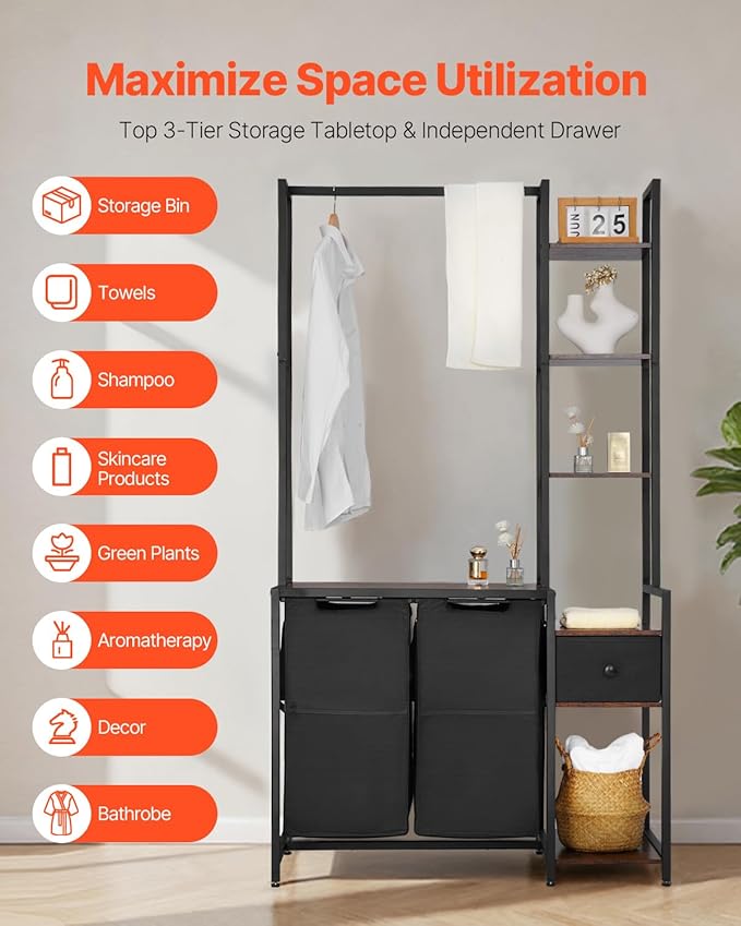 VEVOR 3 Tiers Laundry Sorter with Rack, Tall Laundry Hamper with Shelves and Drawers, 2 Section Freestanding Hanging Rack Storage with 600D Oxford Cloth Bags and Ladder Shelves for Dirty Clothes