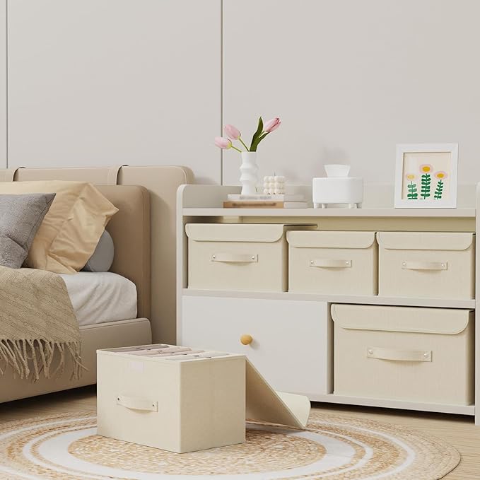 Storage Boxes, Collapsible Storage Bins with Lids, Cotton and linen cloth Storage Baskets with Handle, for Books, Closet, Bedroom, Home, 13x9.1x7.9 in, Beige