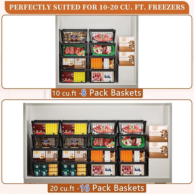 Large Freezer Organizer Bins，Upgraded Bottom Leak-Proof net，Fit 10 to 20 Cu.Ft Deep Freezer，3 Pack， Expandable Stackable Chest Freezer Organizer Bins , for Fridge, Deep Freezer, Cabinet