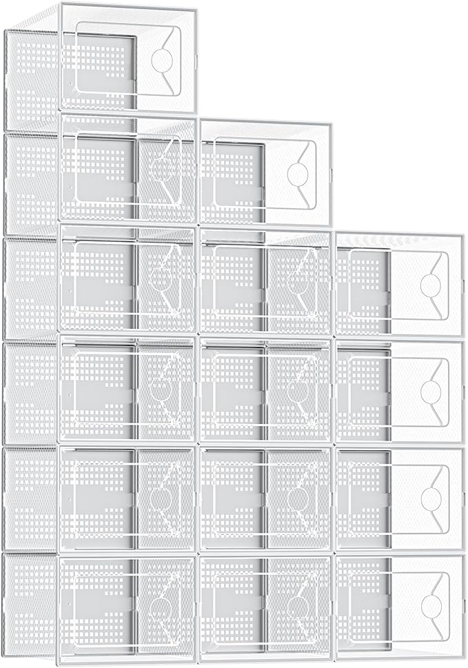 DUMOS Shoe Storage Boxes, 15-Pack Stackable Clear Shoe Containers with Lids, Display Sneaker Case Organizer for Closet, Under Bed, Entryway,White (Fit Size 9)