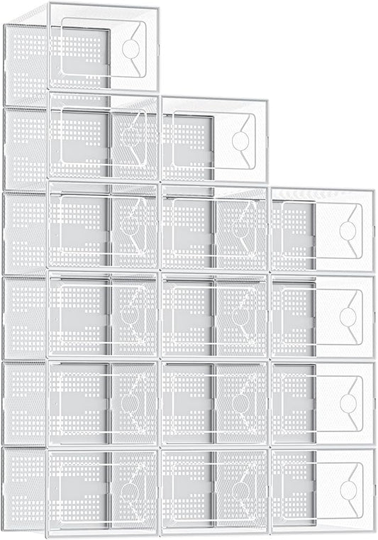 DUMOS Shoe Storage Boxes, 15-Pack Stackable Clear Shoe Containers with Lids, Display Sneaker Case Organizer for Closet, Under Bed, Entryway,White (Fit Size 9)