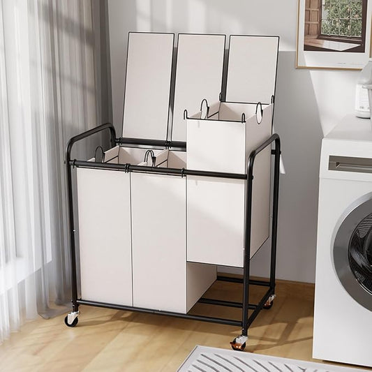 3-Compartment Laundry Cart with Lockable Wheels & Lid 180L Large Wheeled Laundry Basket Heavy-Duty Sorting Organizer for Laundry Room (White)
