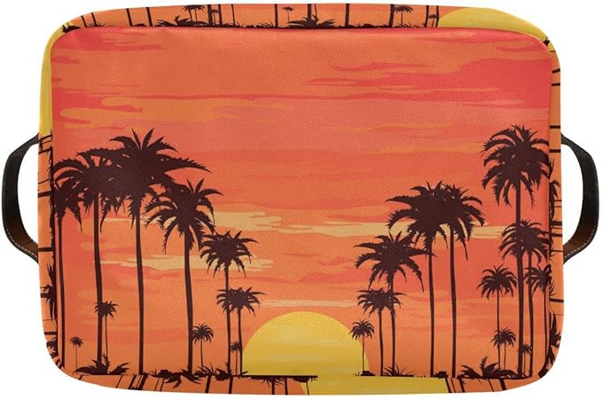 xigua Summer Palm Trees Storage Basket Collapsible Storage Bins Waterproof Canvas Storage Basket with Leather Handles for Home Closets Offices,Bedrooms,Gift Baskets,2PCS