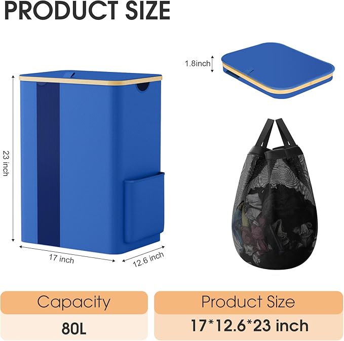 SpaceTrove Laundry Basket Clothes Hamper with Lid and Pocket Large Collapsible Laundry Baskets with Handle, Blue Freestanding Hampers for Bedroom Aesthetic, Dorm, Bathroom, Laundry Room (80L)