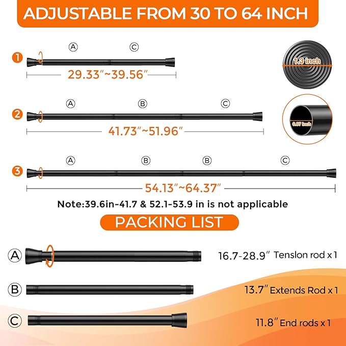 Tension Curtain Rod for Window 30 to 64 Inch 7/8" Diameter Adjustable Spring Loaded Curtain Rods No Drilling Black Tension Rods for Doorway Closet Door Kitchen Bathroom