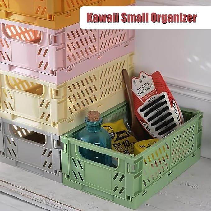 Tobeso-Nuoze Pastel Plastic Storage Baskets 2 Pack, Collapsible Crates for Organizing, Space-Saving Bins for Kitchen, Office, Bedroom (Orange, Medium:9.8" x 6.5" x 3.8")