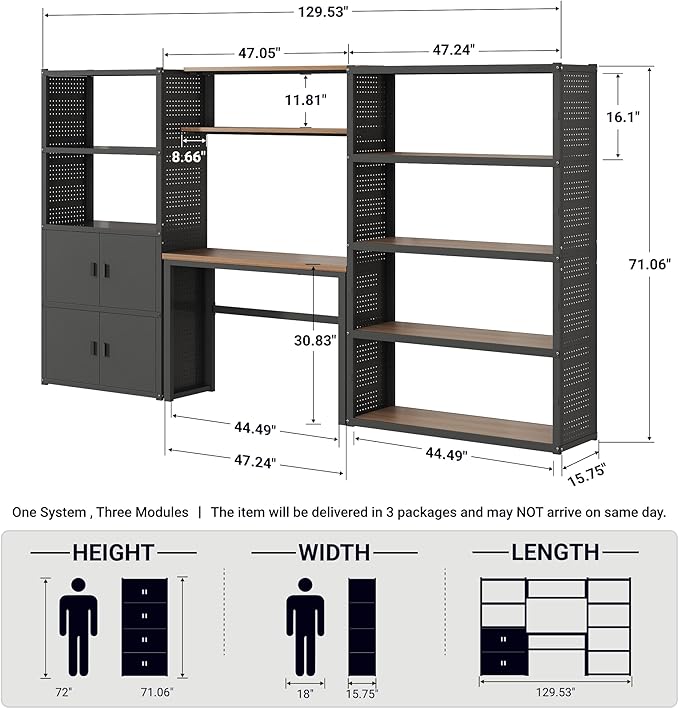 FLEXIMOUNTS Garage Storage Cabinet System, 3-in-1 Modular Metal Tool Cabinet w/ Workbench and Particle Board Shelf Includes Pegboard, 24-Gauge Steel, 129"(L) w/ 2 Doors, Black, FLEXIMOD Series