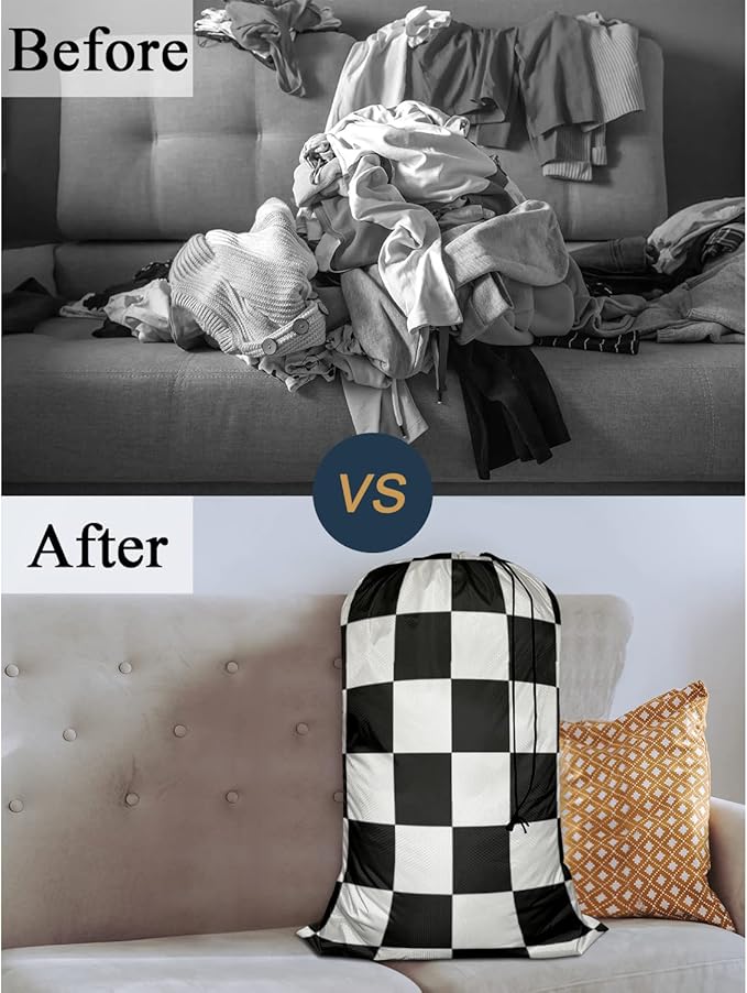 Swono Laundry Bag Drawstring Closure, Plaid Chess Board Black White Heavy Duty Laundry Portable for Home Dorm Room Essentials for Travel Camp, Oxford Cloth 28x40 Inch