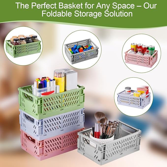 HUUSMOT 4-Pack Small Pastel Plastic Storage Baskets, Collapsible Crates for Organizing, Space-Saving Mini Bins for Classroom, Kitchen, Office, Bedroom (Green, 9.8" x 6.5" x 3.8")