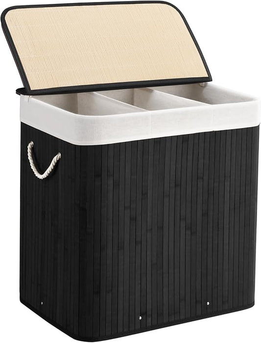 Aliphon 150L Laundry Hamper with lid, 3-Section Clothes Laundry Basket with Handles, Large Collapsible Bamboo Baskets for Bedroom, Bathroom, Dorm, Ink Black