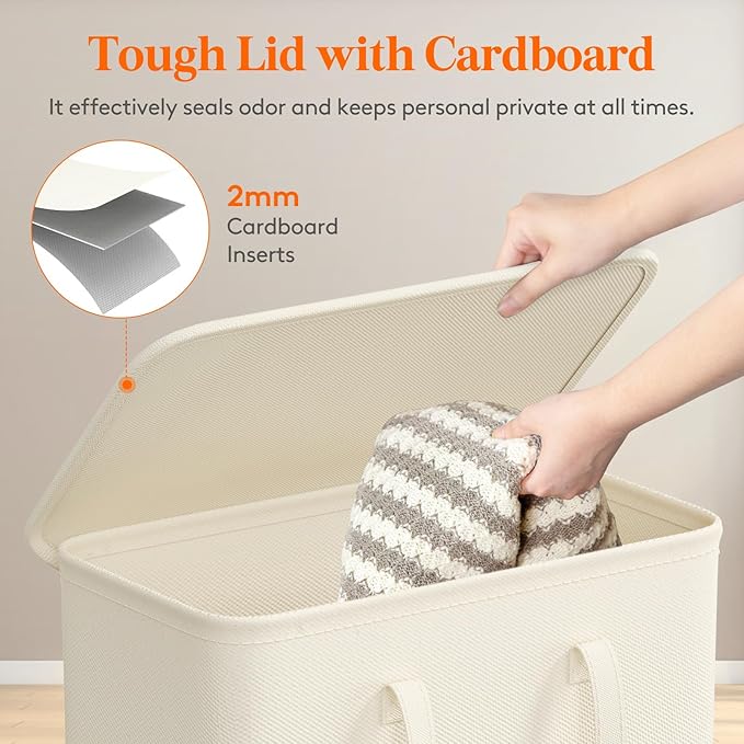 Lifewit 50L Slim Laundry Hamper, Small Laundry Basket with Lid, Dirty Narrow Collapsible Clothes Storage with Easy Carry Extended Handles, Tall Hampers for Bedroom Laundry Room, White, 2 Packs