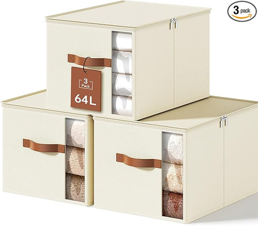Large Clothes Storage Bins with Sturdy Frame, Foldable Clothing Organizer Box, Sweater Storage Cube with Lids and Zipper, Fabric Bedding Storage Bags for Blankets, Seasonal Clothes, Comforter