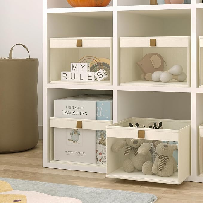 Linen Closet Organizers and Storage, Closet Storage Bins Basket Organizer, Foldable Organization Baskets with Mesh Window for Clothes Towels and Toys, 10.75" x 10.75" x 7.5", Beige, 6 pack