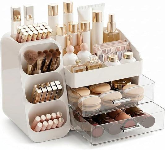 Makeup Organizer with Drawers, Large Cosmetic Display Cases for Skincare Organizers, Bathroom Organizers and Storage Countertop, Easy To Storage Skincare, Brushes, Lotions, Lipstick (White)