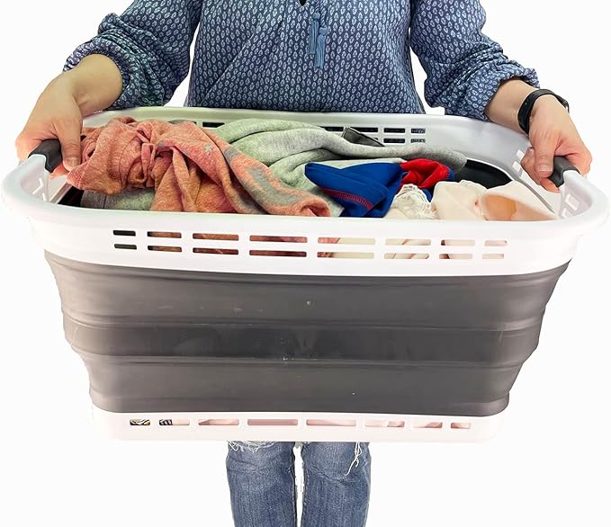 SAMMART 42L (11 gallons) Collapsible Plastic Laundry Basket - Portable Pop Up Storage Container/Organizer - Portable Hamper - Space Saving Easy Storage (White/Asphait (Set of 2))