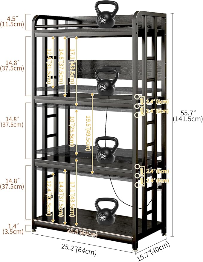 METYERRY Adjustable 4-Tier Heavy Duty Kitchen Baker's Rack with Power Outlet, with Industrial Wheels, Free Standing Microwave Oven Cart Stand for Storage, Garage, Mini Fridge Stand, Black
