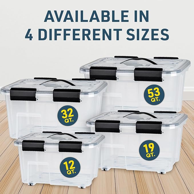 Lifemaster Stackable Storage Box Set - 6 Pieces 12 Quarts Multi-purpose, Space-Efficient Stackable Storage Boxes with Nestable Design, Secure Latches, Easy-Move Wheels & Pull-Out Base - Clear