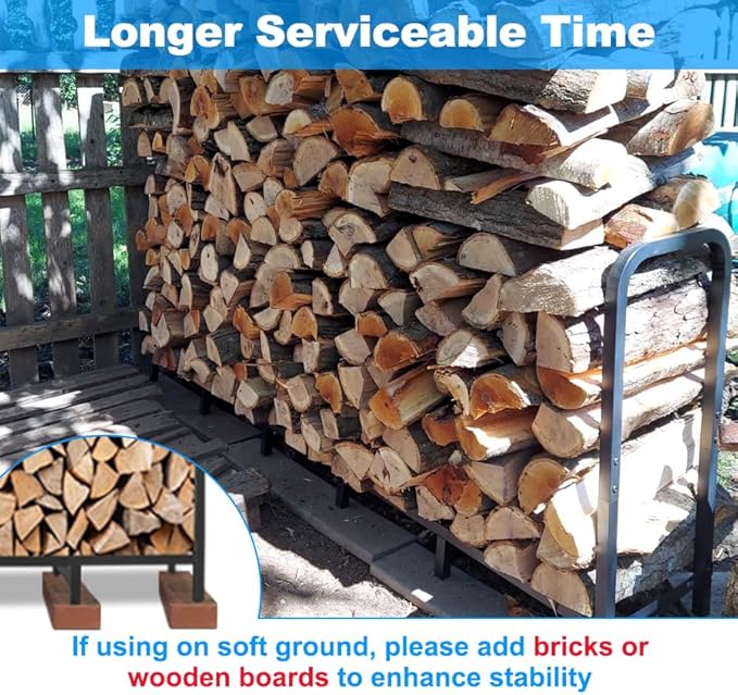 4ft Firewood Rack Holder, Adjustable Heavy Duty Fire Log Stacker Stand for Fireplace, Outdoor Indoor Metal Wood Pile Storage Organizer, Patio Logs Stand tool, Black