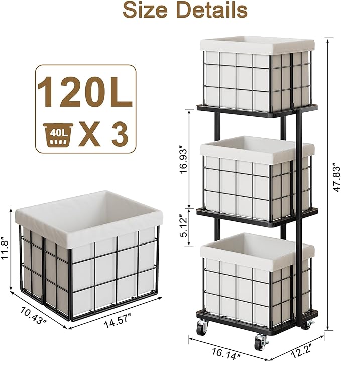 120L Vertical Rolling Laundry Hamper with Removable Bags, 3 Section Laundry Basket with Wheels, Slim Tall 3 Tier Laundry Sorter for Small Spaces, Dorm, Laundry Room, Bathroom, Closet, White