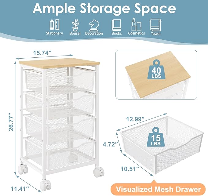 Sbanmao Utility Cart with 4 Drawers, Rolling Storage Cart, Metal Rolling Drawer Cart with Lockable Wheels and Wooden Tabletop, Craft Storage Art Cart for Living Room, Bedroom, Classroom, Office, White