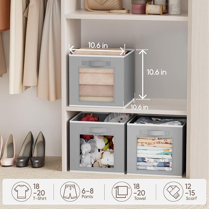 Homsorout Storage Cube 11 Inch - Cube Storage Bins with Window, Closet Storage Baskets with Handle, Fabric Bins for Closet, Shelves, Toys, Clothes, Set of 14, Grey