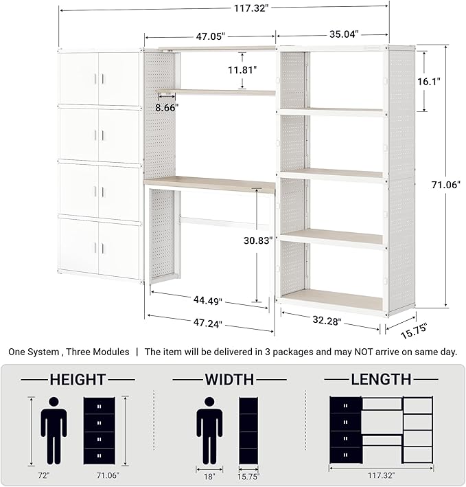 FLEXIMOUNTS Garage Storage Cabinet System, 3-in-1 Modular Metal Tool Cabinet w/ Workbench and Particle Board Shelf Includes Pegboard, 24-Gauge Steel, 117"(L) w/ 4 Doors, White, FLEXIMOD Series