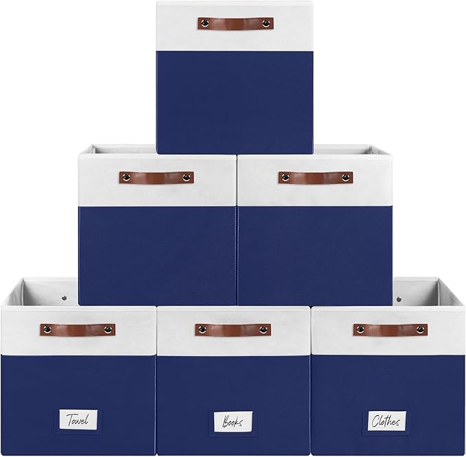 FinishingBo 6-Pack Storage Cubes with Handles & Label Holders Basket, Closet Cube Home Organizer Bins(White/Blue, 13 x 13 x 13 inch)