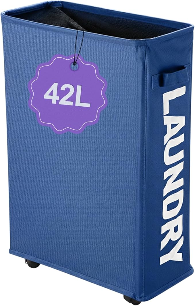 Narrow Laundry Basket with Wheels, 42L Slim Rolling Laundry Hamper with Brake, Collapsible Dirty Clothes Hamper with Mesh Cover & Handle, Storage Bin for Dorm, RV, Small Spaces, Navy Blue