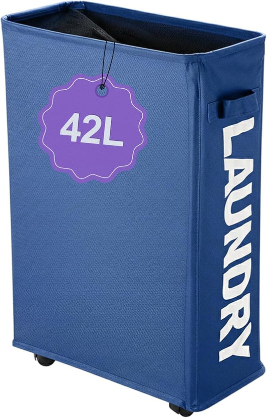 Narrow Laundry Basket with Wheels, 42L Slim Rolling Laundry Hamper with Brake, Collapsible Dirty Clothes Hamper with Mesh Cover & Handle, Storage Bin for Dorm, RV, Small Spaces, Navy Blue