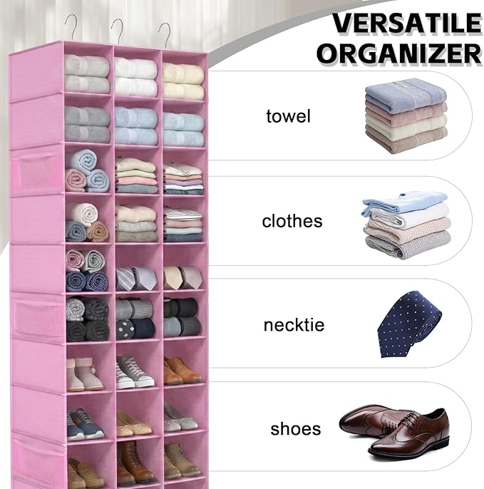coastal rose Hanging Shoe Organizer for Closet, 30 Sections Hanging Closet Organizers and Storage Shelves Space Saving Shoe Racks Holder Pink,17" W×11.5" Dx 48" H