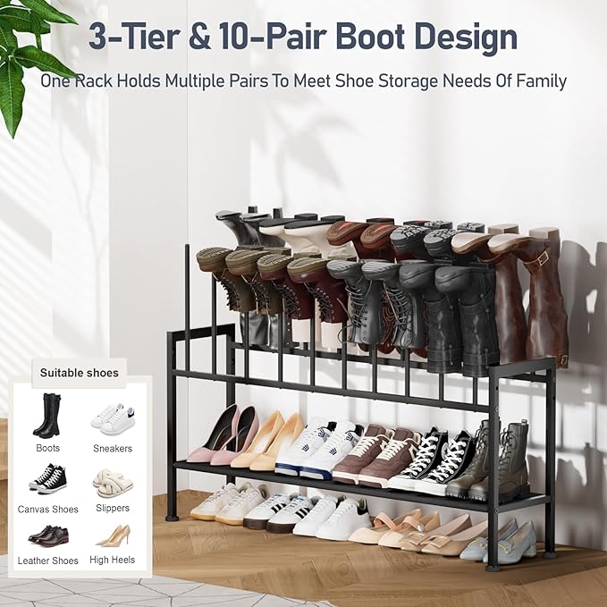 DIMJ Boot Rack 3-Tier - Black Metal Boot Storage Rack for Tall Boots Organizer Tall Boots, Multiuse Shoe Rack for Boots, Sneakers, High-Heel, Entryway, Fit for 10 Pairs, Black