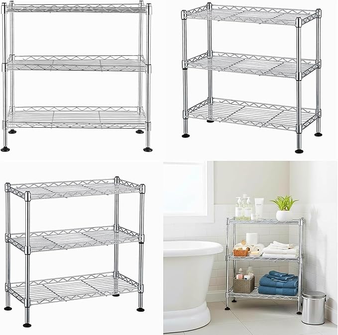 FOXHOLE 3-Tier Steel Metal Storage Rack Wire Shelving for Bathrooms, Closets, Kitchen, Pantry, Adjustable Shelves, Silver Finish, 17.72" L x 7.87" W x 17.72" H
