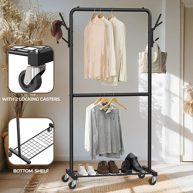 Simple Houseware Double Rod Garment Rack with Wheels and Hooks, Black