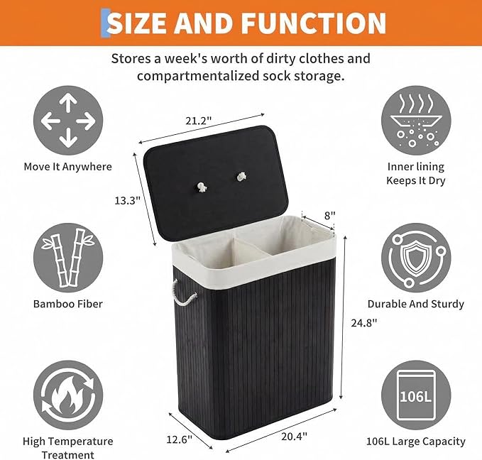 GarveeHome Folding Bamboo Laundry Hamper with Lid, 27.5 Gallon Wooden Laundry Basket with Washable Liner Bag, Slim Clothes Storage Hamper for Small Bedrooms Apartments Dorms (Black - Rectangle)