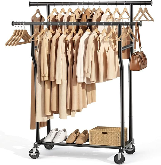 Clothes Rack, Double Rods Rolling Clothing Rack for Hanging Clothes Load 260 LBS Closet Rack with Wheels, Metal Portable Garment Rack for Bedroom Laundry Living Room, Black