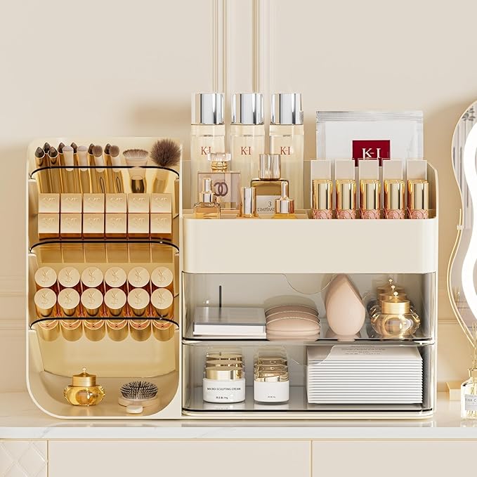 Booklov Makeup Organizer for Vanity, Countertop Cosmetic Display Case with Clear Acrylic Drawers, Bathroom Counter Beauty Caddy, Cute Table Storage Holder for Skincare, Brush Lipsticks, Crystal Creem