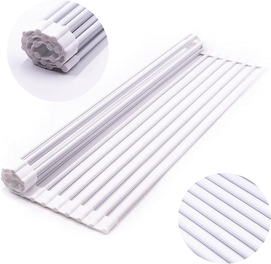 Bigdata&BetterLife Multi Purpose Roll Up Dish Drying Rack White Dish Drying Mat with Rack for Kitchen,Heavy Duty Foldable Silicone-Coated Stainless Steel Sink Dry Rack (White,20.5" x 13.1")