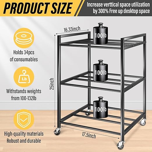 3D Printer Filament Storage Rack,Rolling Filament Spool Holders with Wheels,3-Tier Heavy Duty 3D Filament Storage Rack for PLA/ABS/TPU/Nylon,Filaments Organzied for Home,Office Workshop,Studio
