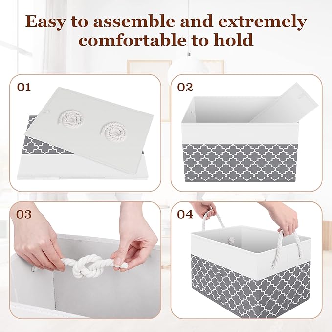 StorageTastic Storage Bin,Collapsible Storage Basket For Organizing,Large Storage Boxes With Rope Handles,Storage Containers,Clover Grey,3 Pack
