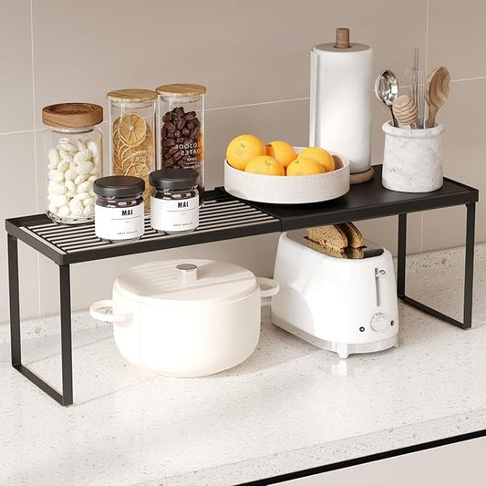 Magheo Expandable Cabinet Shelf Organizer, 1 Pack Stackable Kitchen Counter Shelf Riser, Metal Spice Rack Adjustable Heavy Duty Countertop Organizer Storage for Kitchen, Pantry, Cupboard, Rv (Black)